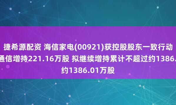 捷希源配资 海信家电(00921)获控股股东一致行动人海信通信增持221.16万股 拟继续增持累计不超过约1386.01万股